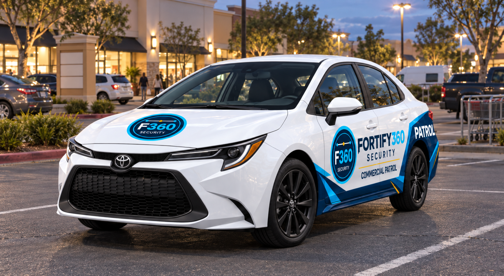 Fortify360 Security white Toyota Corolla mobile patrol vehicle at a commercial center