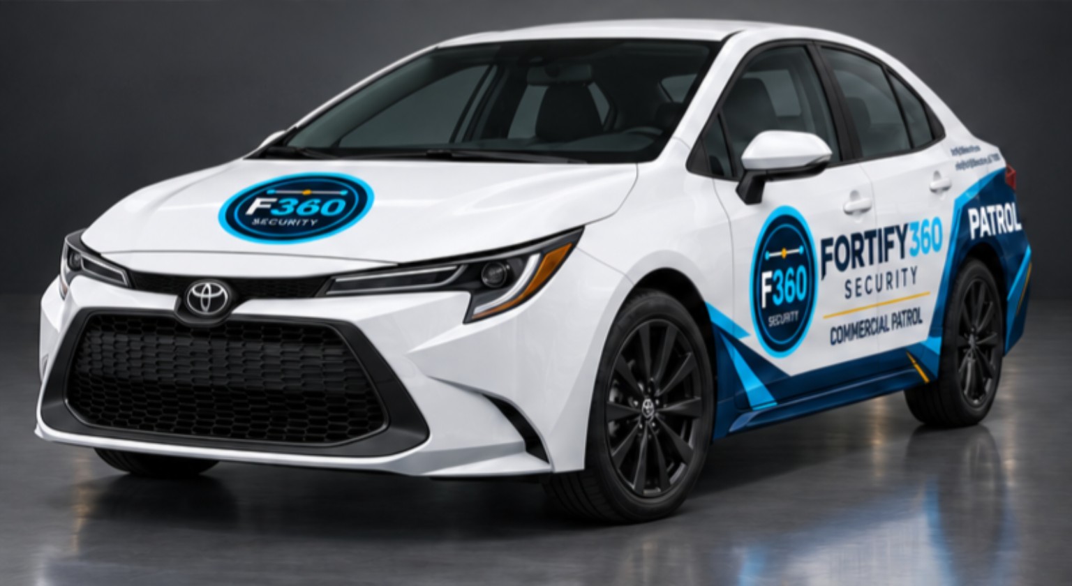 Fortify360 Security white Toyota Corolla mobile patrol vehicle with navy and cyan Coverage Ring branding